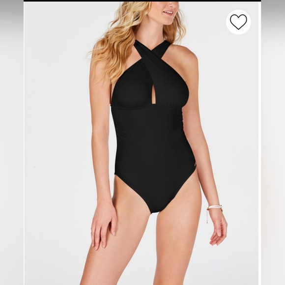 MICHAEL KORS CONVERTIBLE ROUCHED SWIMSUIT IN BLACKSIZE 10